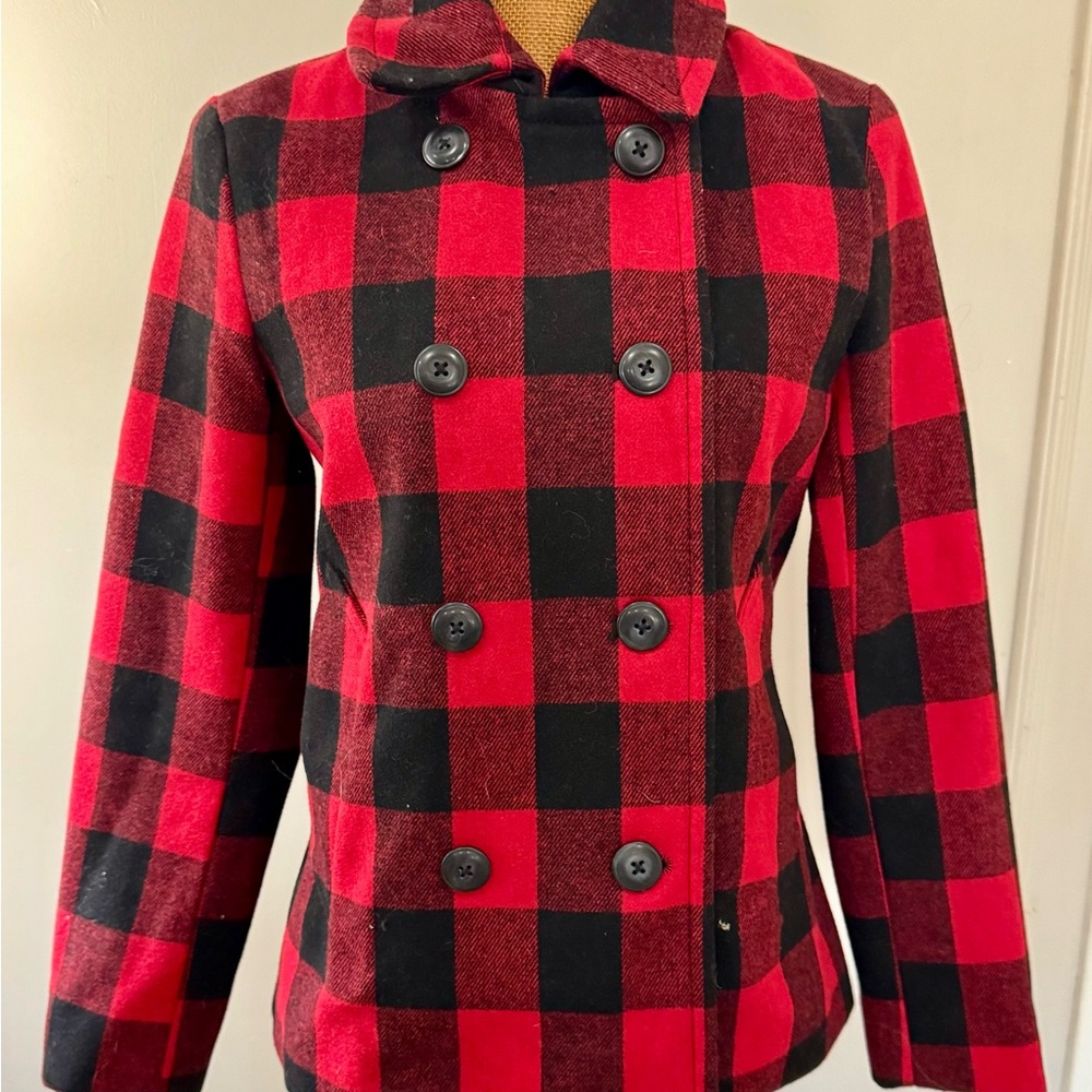 GAP Women’s Buffalo‎ Plaid Wool-Blend Pea Coat – Red & Black XS